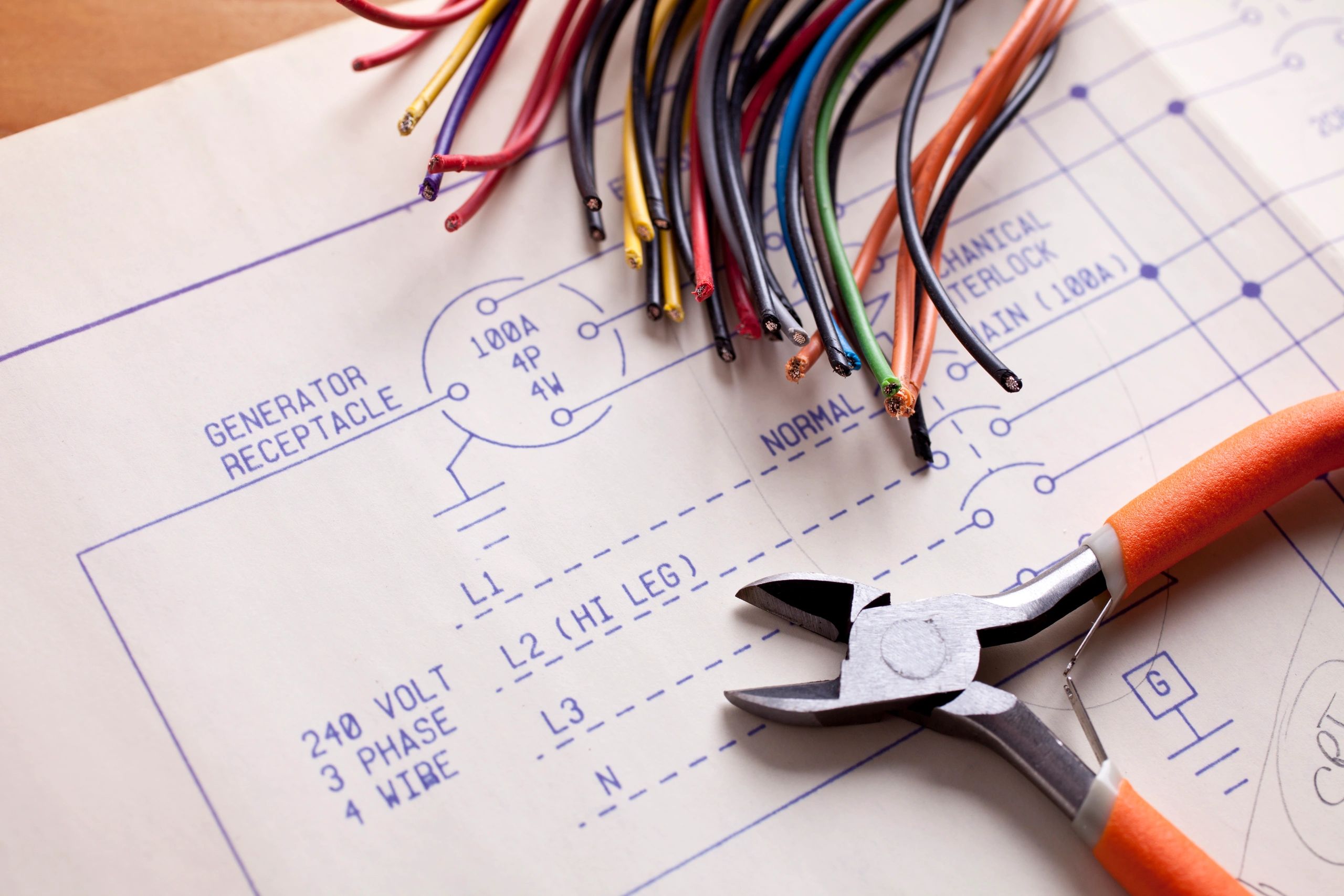 Electrical components - wire, cutters and blueprints.
